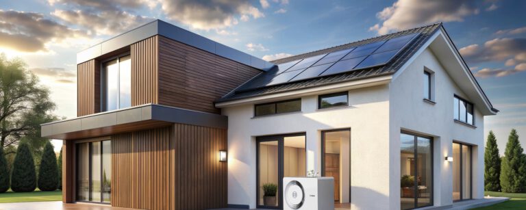 Das Bild zeigt ein Einfamilienhaus mit PV-Anlage auf dem Dach und einer Wärmepumpe vorm Haus.